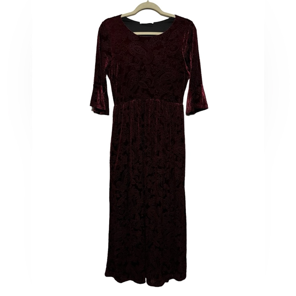 Chris‎ & Carol Red Maroon Velvet Embossed Empire Waist Maxi Dress Size Medium
